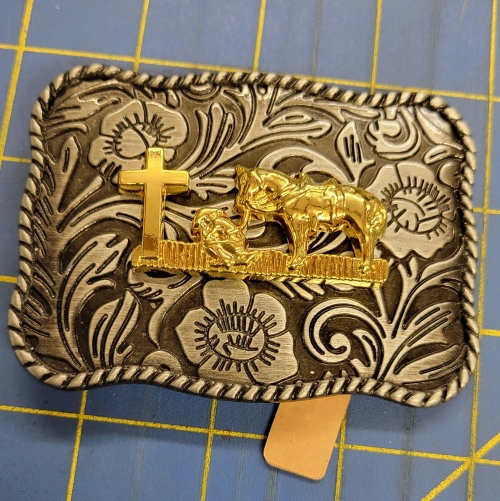 Western Buckle Unisex Brand New Gold Tone Cowboy & Horse Praying at Cross